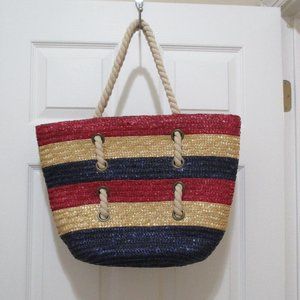 Large Woven Raffia Tote Red White Blue Wheat Straw Beach Pool Shopping